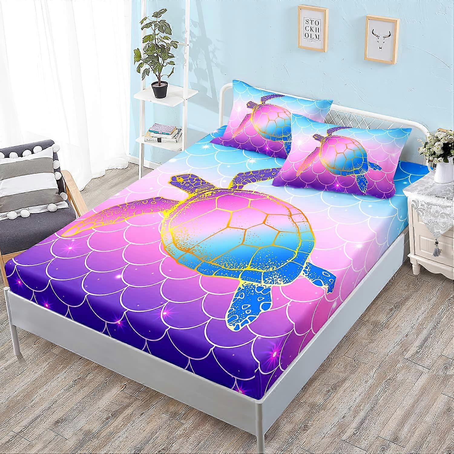 Twin Fitted Sheet Set Sea Turtle and Mermaid Scales 3D Print Deep Pocket Kids Bedding for Girls