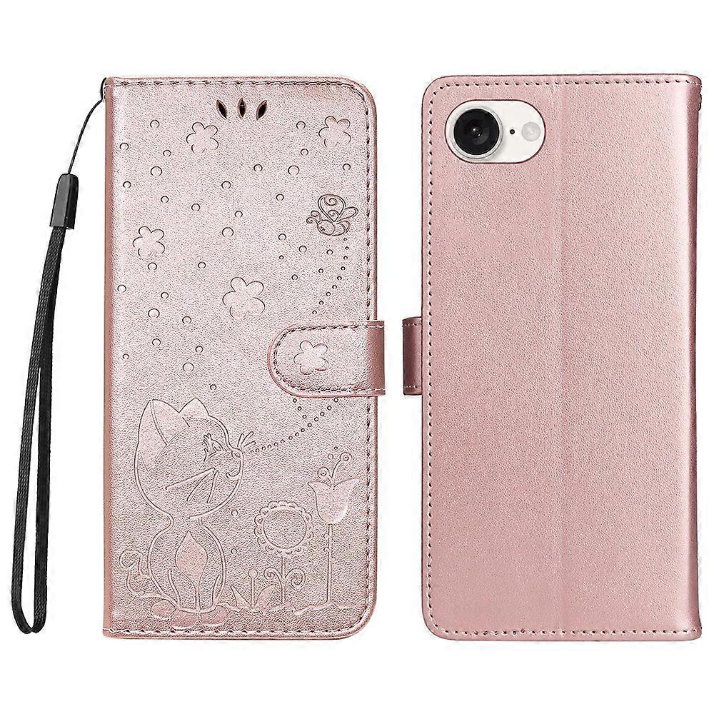 For iPhone 16e Leather Case Cat Bee Pattern Phone Cover Wallet Stand with Strap