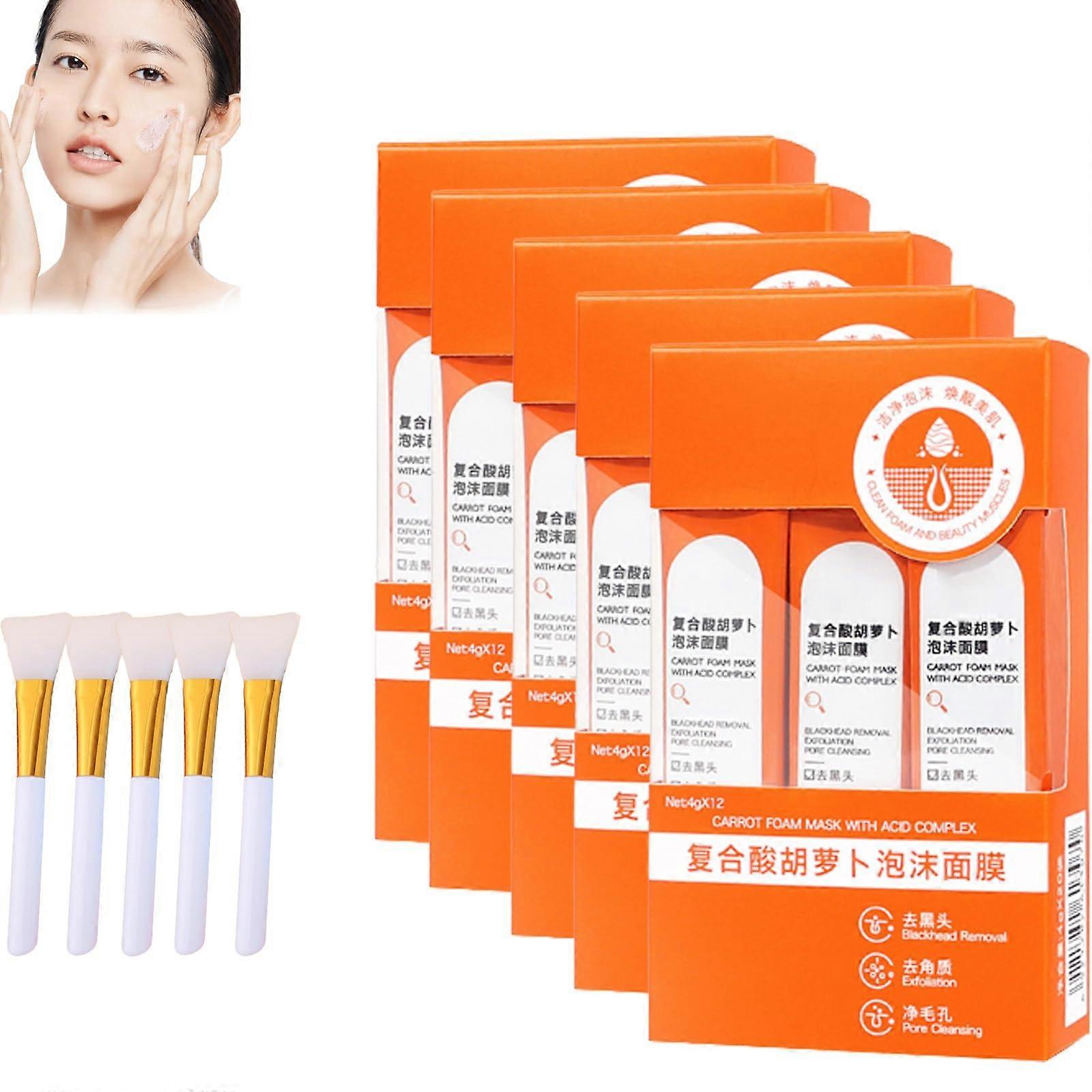 Carrot Bubble Face Mask with Brush, Deep Cleansing Foaming Mud, SingleUse Travel Pack, 5 Boxes