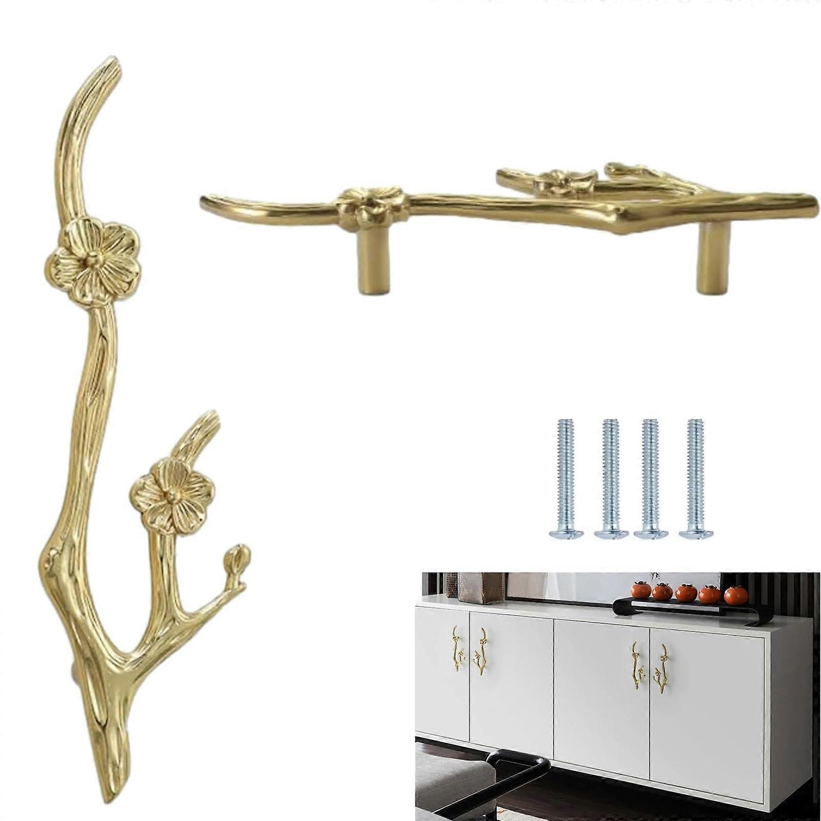 Satin Brass Cabinet Handles 2 Pack Chinese Plum Blossom Design Solid Brass 86mm Drawer Pulls