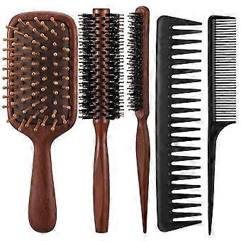 Natural Wooden Hair Brush and Comb Set for Women Men and Kids, Wood Wide-tooth