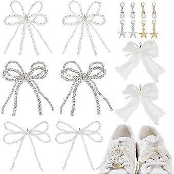 RUIYUE Arricraft 16 Pcs Pearls Bowknot Shoe Charms, 8 Styles Elegant Shoelace Decoration Charms with Alloy Lobster Claw Clasps Shoes Buckle Pearl 