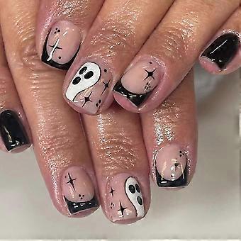 Halloween Press On Nails Set with Ghost French Tips, Short Square Black Acrylic, 24pcs