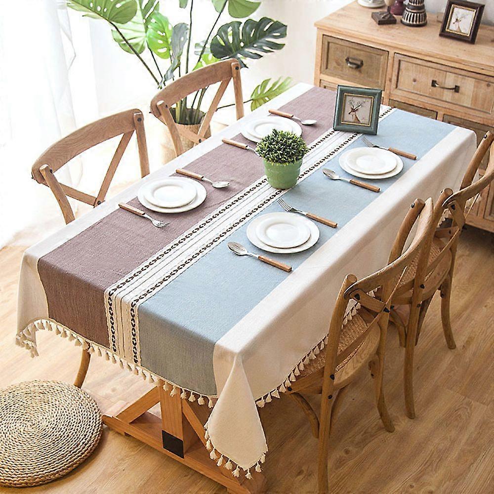 Elegant Cotton Linen Rectangular Tablecloth with Tassel Edge and Stripe Pattern