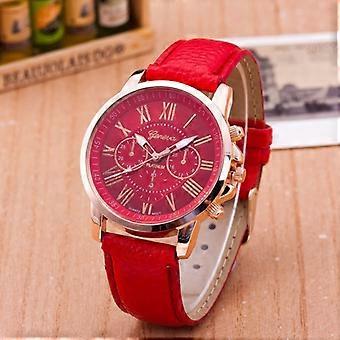 Quartz Watch for Men and Women, Red Leather Strap Sports Casual Fashion