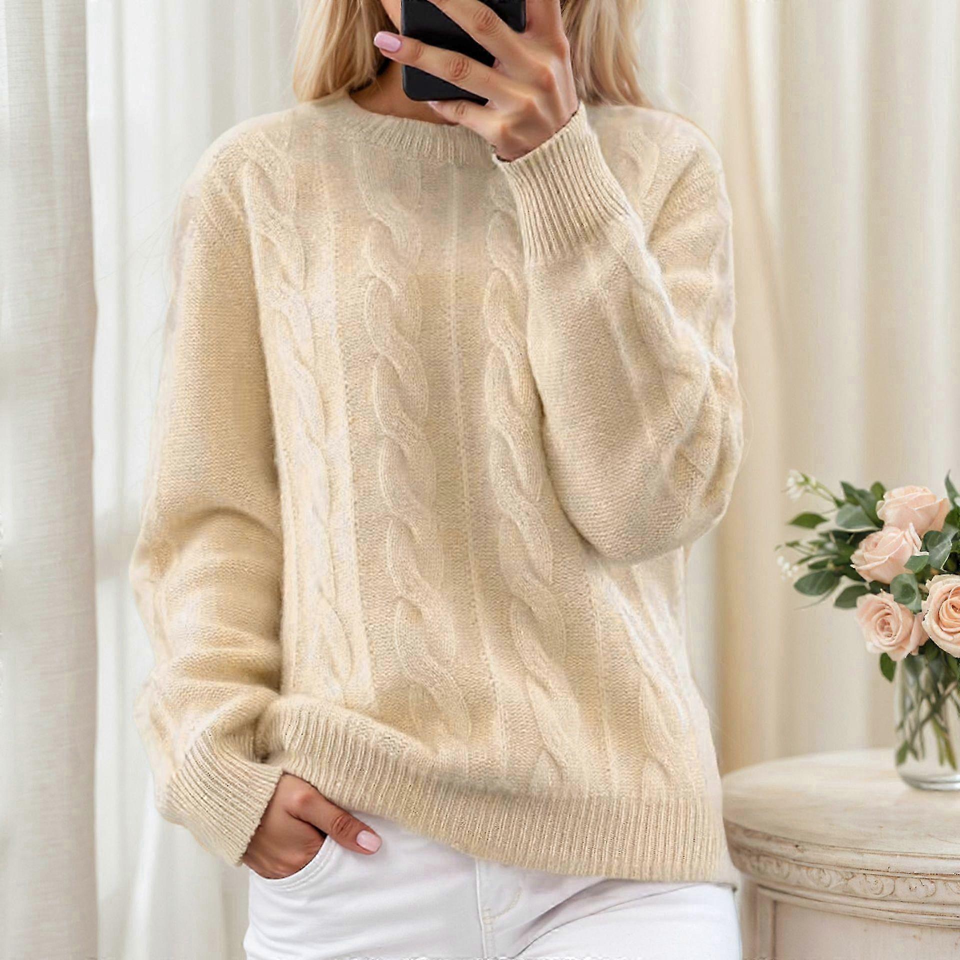 Retro Cable Knit Sweater Women's Round Neck Solid Color Pullover