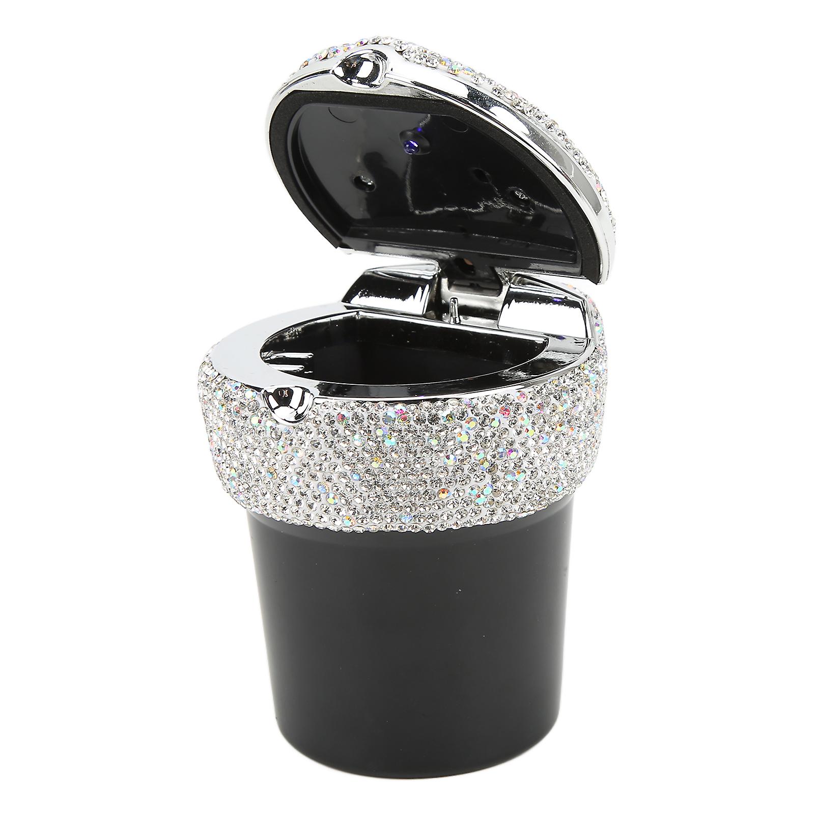 Car Ashtray DiamondStudded Smokeless Container with LED Light Indicator Multifunctional Universal(White )