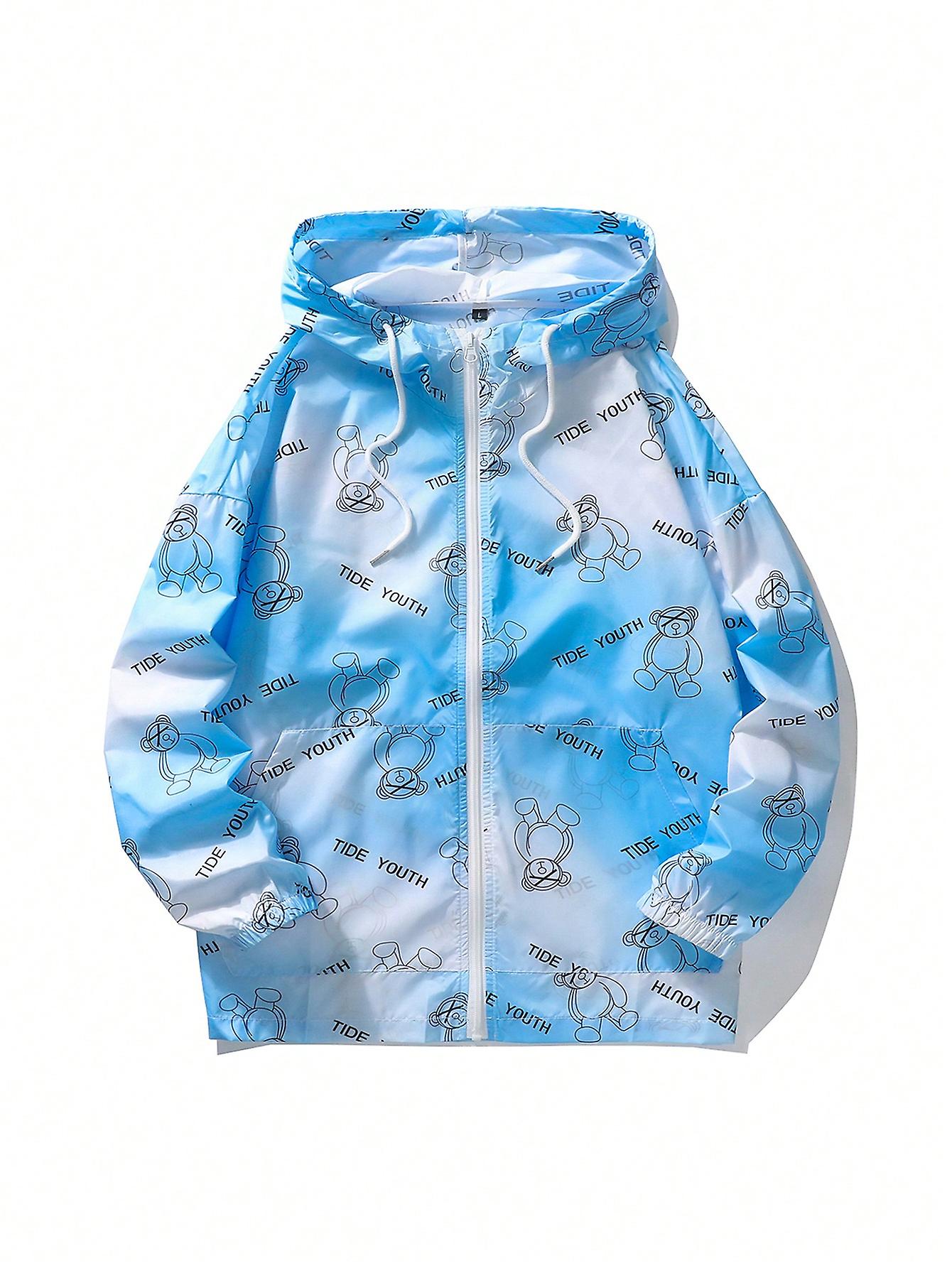 Men Letter & Bear Print Zip Up Hooded Jacket