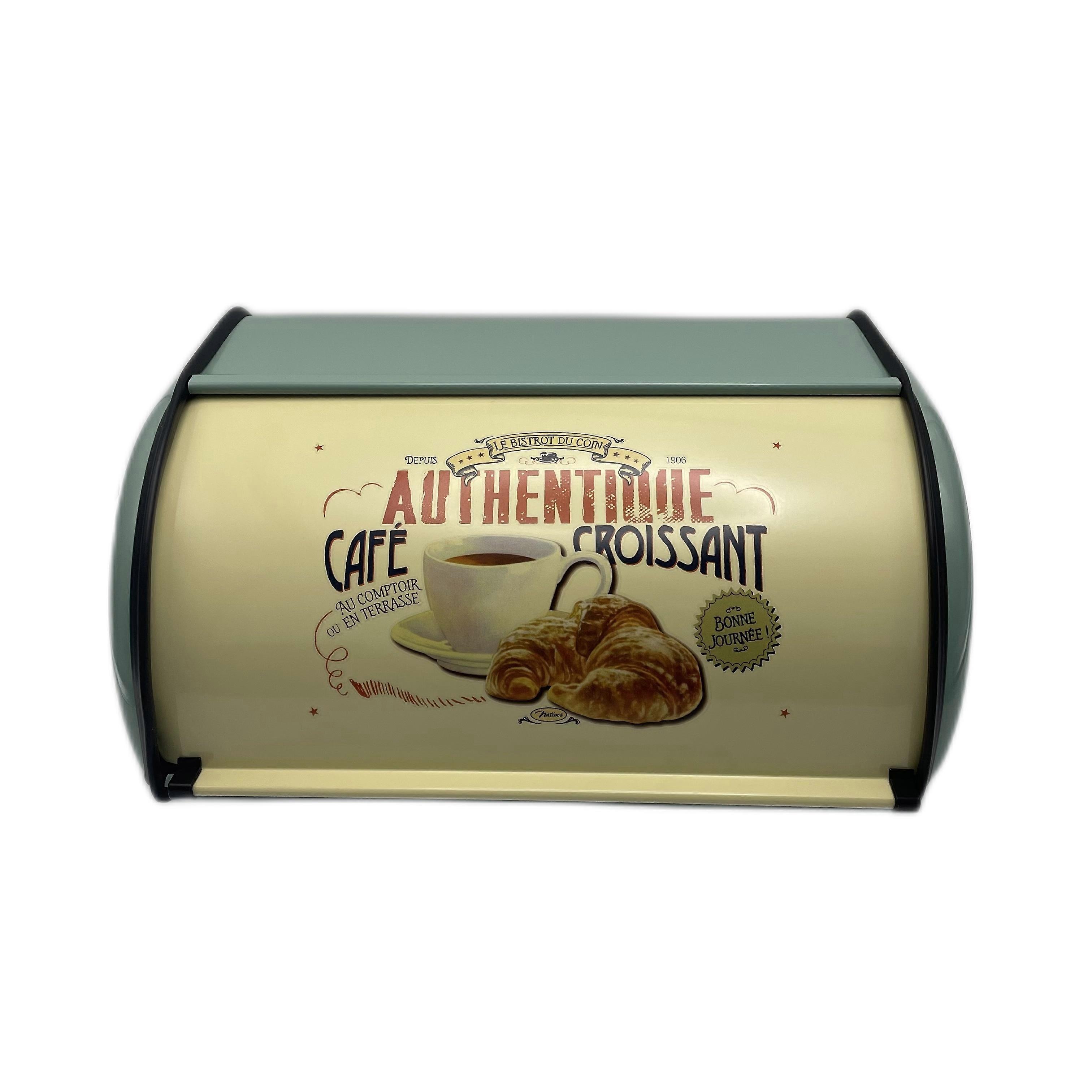 Vintage Iron Bread Box, Large Capacity Metal Bread Bin with Lid for Kitchen Counter Storage - Retro Design with Authentique Caf Croissant Graphic (Blu