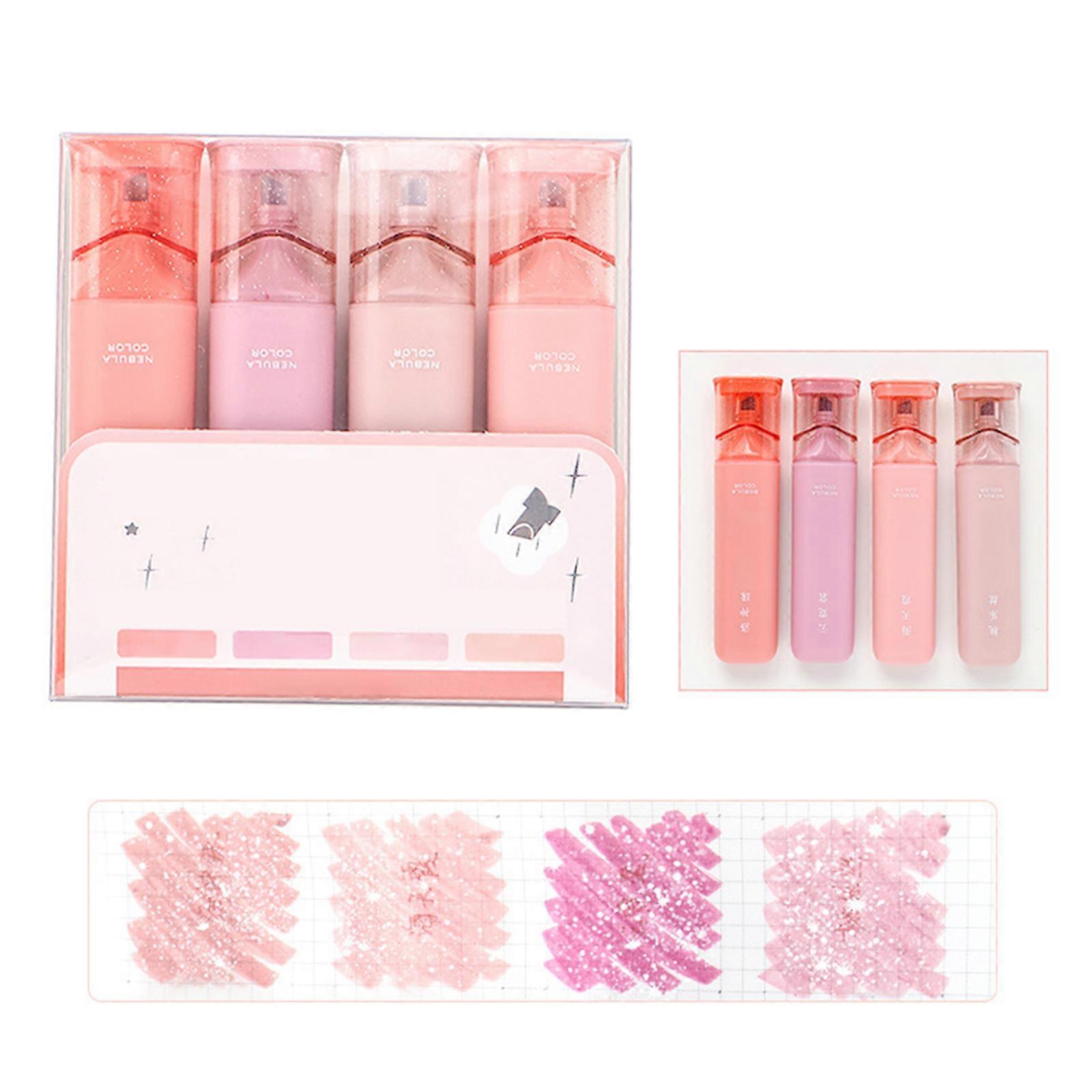 4PCS Glitter Highlighter Nebula Color, Pink Glitter Highlighter Stifte Set, No Bleed Glitter Highlighter Marker Ästhetik für funkelnde Notizen di