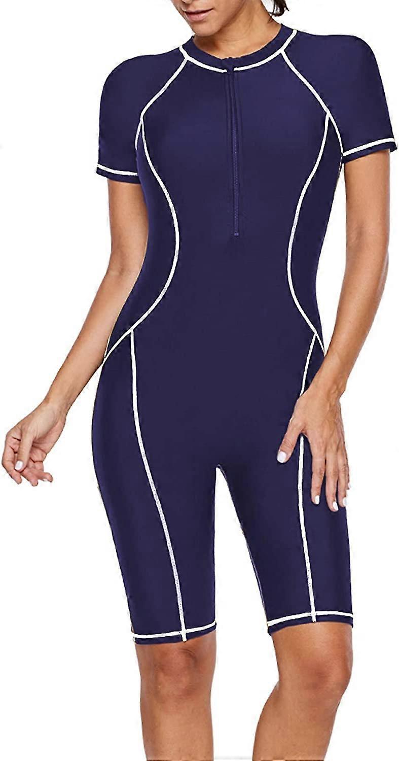 Zippage pour femmes à manches courtes Une pièce Maillot de bain Beachwear (bleu) - S