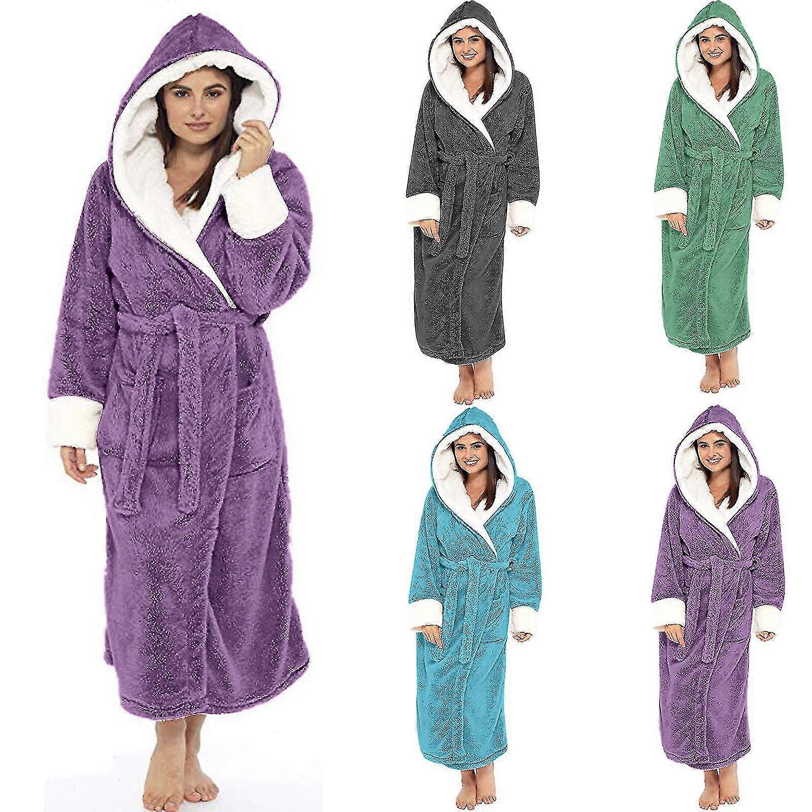 Hooded Sherpa Robe Long Plush Fuzzy Bathrobe BrP