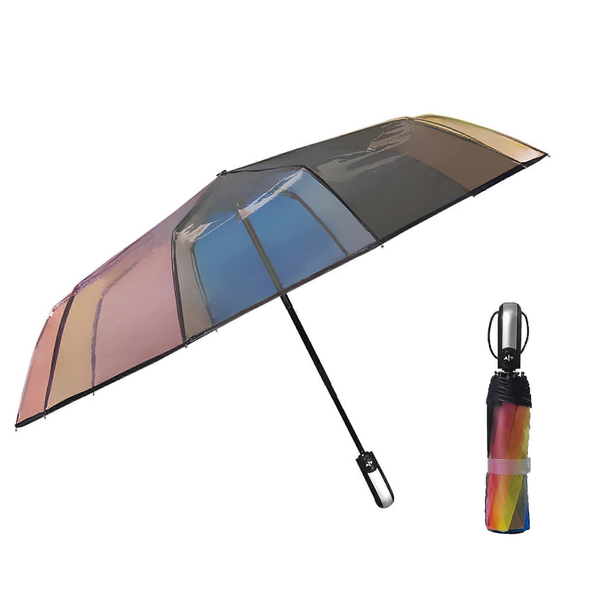 Windproof Rainbow Compact Umbrella,Rainbow Color 10 Rib(Black)