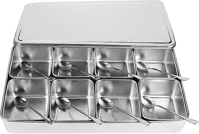 Multipurpose 8-grid aluminum alloy spice box with spoon and lid, removable inner compartment, suitable for various condiments, snacks, flour, dry good