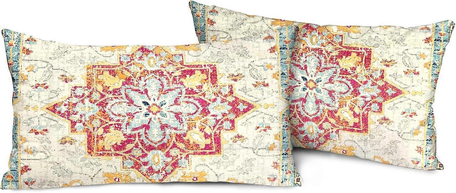 Conjunto de 2 Capas de Almofada Boho Azul Rosa 12"x20" Tapete de Mônaco Duplo Face Padrão Algodão Macio Capa de Almofada Fronha para Jardim