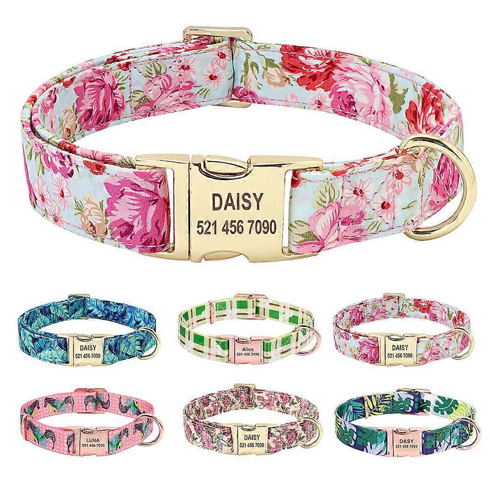 Floral Personalized Dog Collar with Custom Engraved Nameplate for Small Large