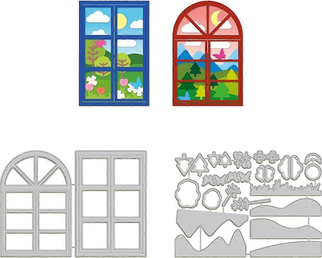 2Sets Landscape Window Cutting Dies for Card Making Day and Night Window Carbon Steel Embossing Stencils Template for Decorative Embossing Paper Card
