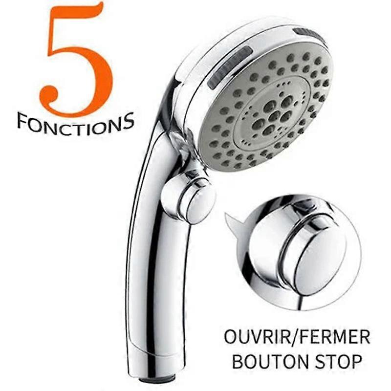 Chrome Shower Head with Stop Button Hand Shower Choice of 5 Sprays Shower Head Anti-Static Spikes Universal Type
