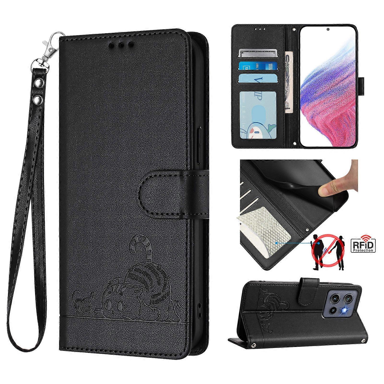 For Motorola Edge 50 Neo 5G/ThinkPhone 25 5G Case with Strap RFID Blocking Leather Wallet Phone Cover Cat Mouse Pattern