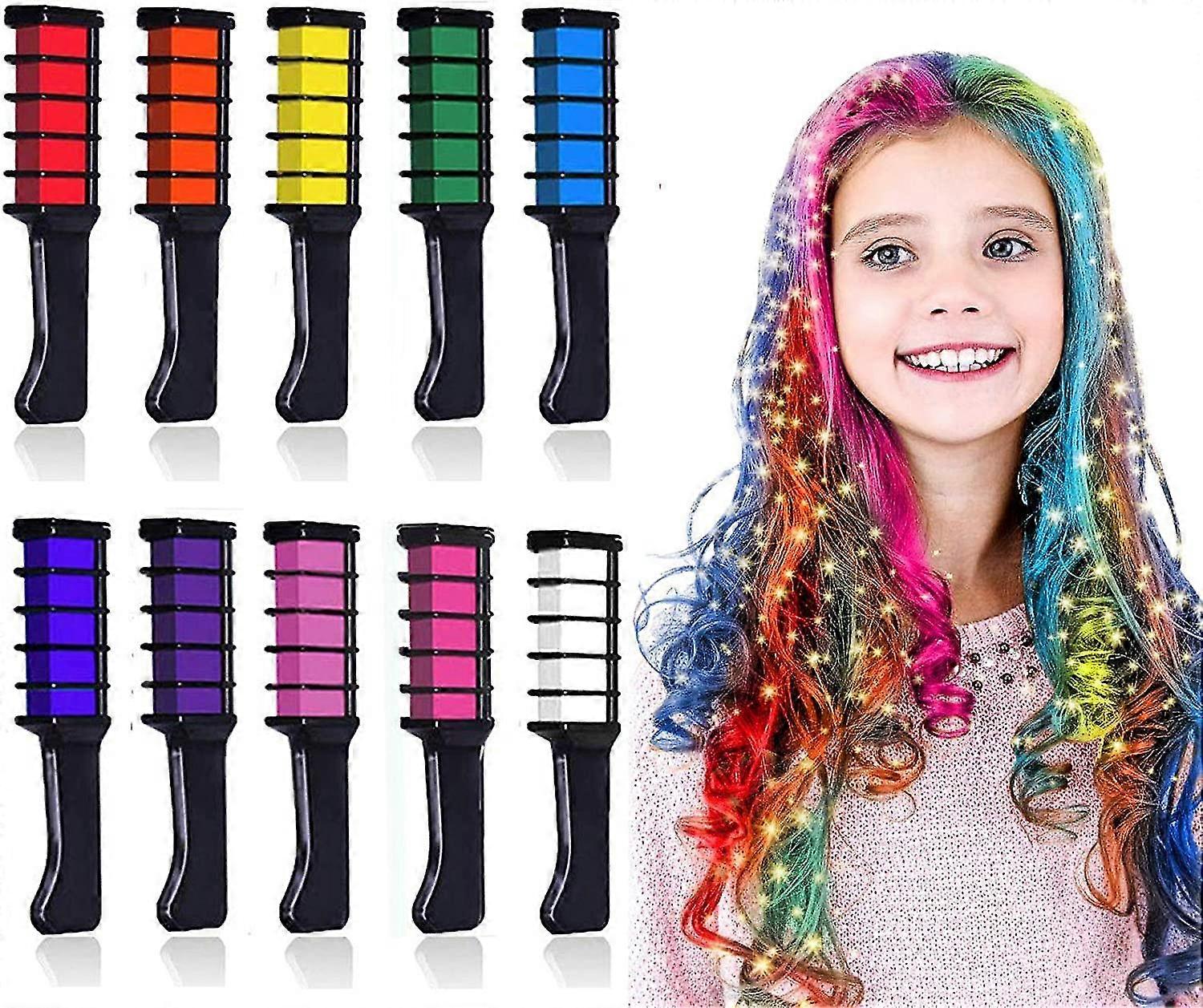 10 צבעים גיר שיער לבנות מתנות לילדים, צבע שיער בהיר זמני לבנות ובנים גיל 4 5 6 7 8 9 10+, מסרק גיר לשיער הניתן לחפיפה מתנה ל-H