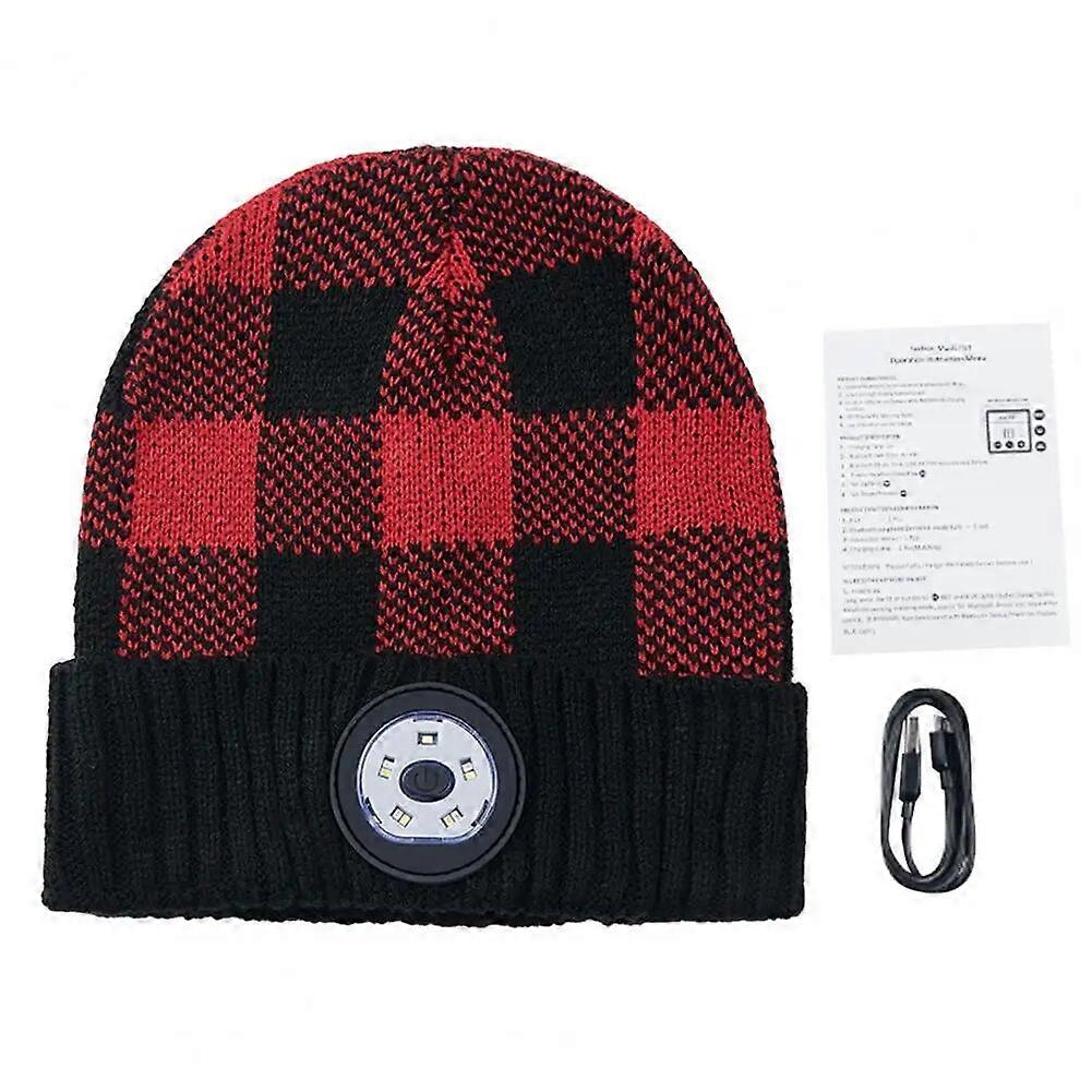 Unisex Headlamp Hat LED 3 Modes USB Charging Autumn Winter Cuffed Windproof Warm Plaid Knitting Beanies Hat For Outdoor