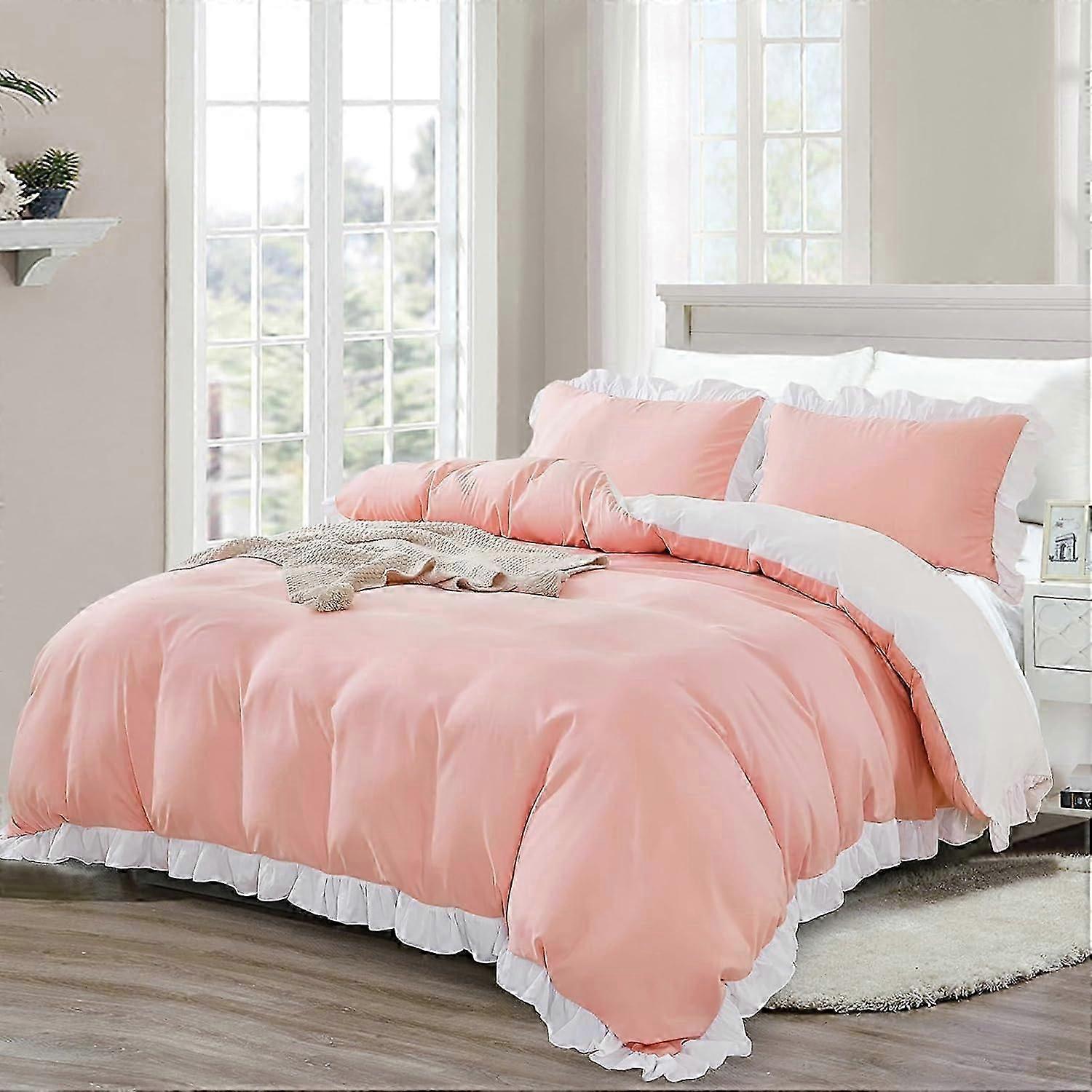 J3738 Lençóis 3 Peças Rosa Branco Franjado Babados Design Conjuntos de Cama com 2 Fronhas Capa de Edredom de Microfibra Macia Lençóis BBA3738