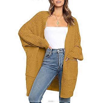 Women Sweater Long Sleeve Open Front Side Pockets Plain Simple Stylish Loose Casual Knit Coat Yellow S