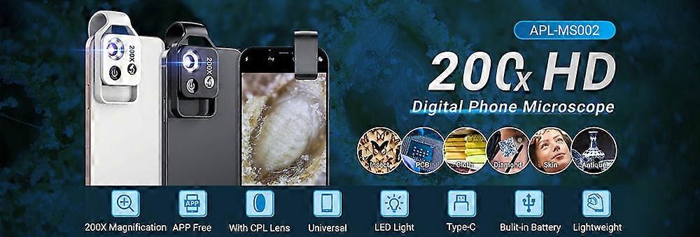 Apexel 200x Digital Microscope Lens With Cpl Mobile Led Light Guide Micro Pocket Macro Lenses For Iphone Samsung All Smartphones