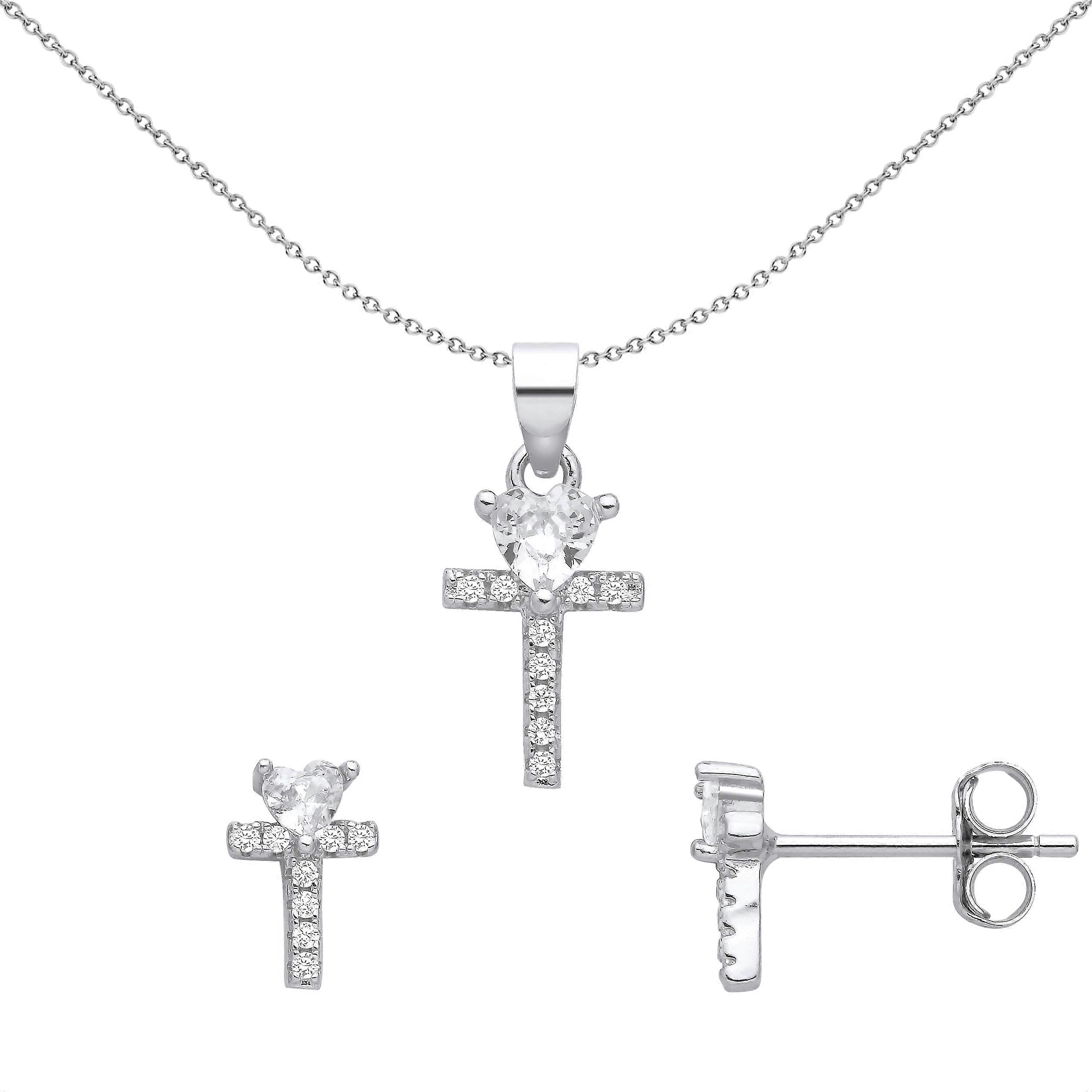 Jewelco London Ladies Rhodium Plated Sterling Silver Heart CZ Love Heart T Cross Earrings Necklace Set
