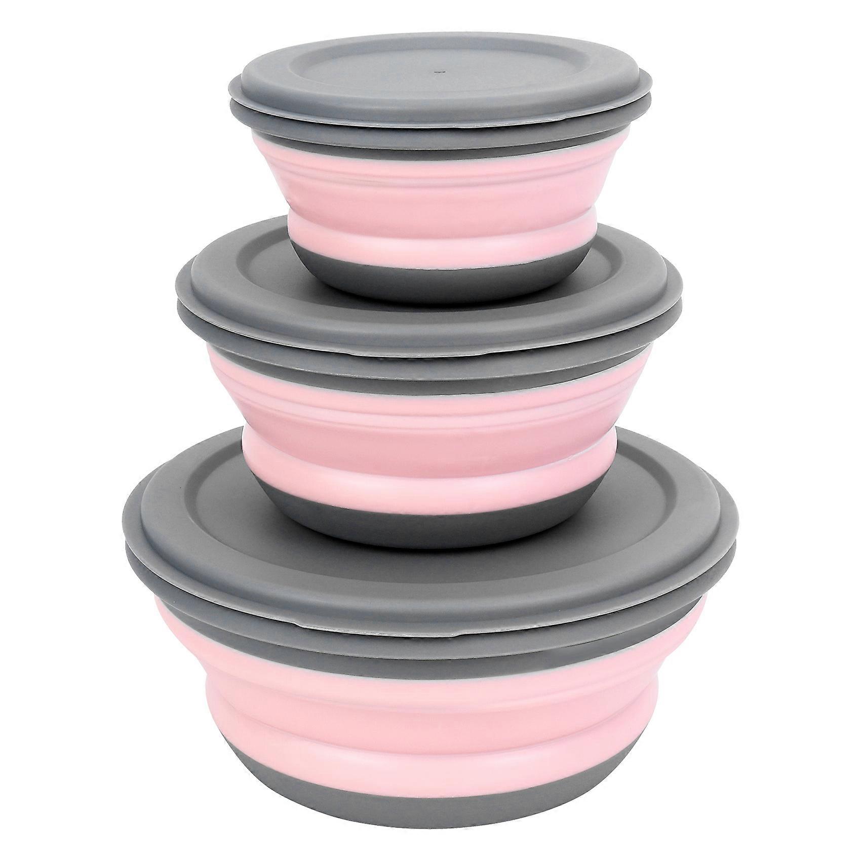 3Pcs/Set Bowl Sets Silicone Folding Lunch Box Folding with Lid Pink