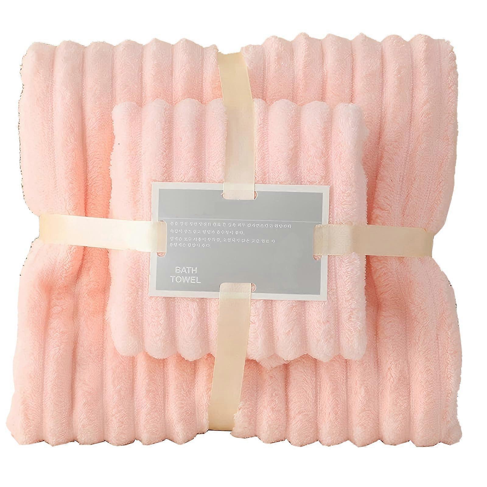 Coral Fleece Towel Set Extra Thick Absorbent Wave Pattern Soft Quick Drying Bath Towels 2 Piece Set Pink for Home Spa Travel