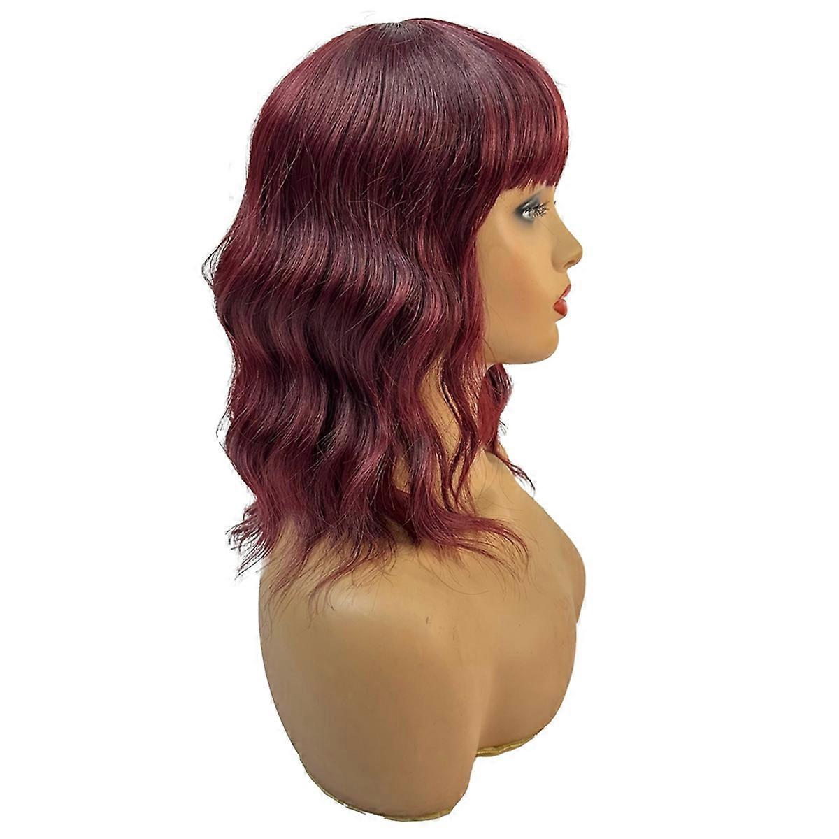  Synthetic Long Wavy Wine Red with Bangs Natural Curly Wig