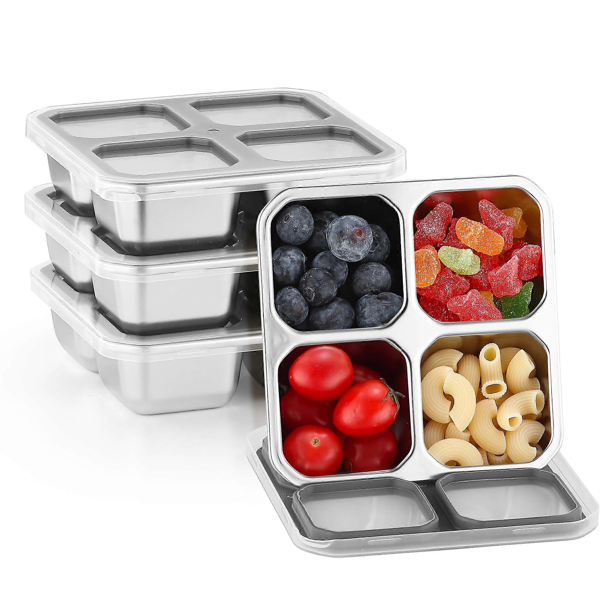 4 Pack Stainless Steel Snack Containers with Lids, 4 Compartment Bento Box for Meal Prep, Reusable Lunch Box for Adults and Kids