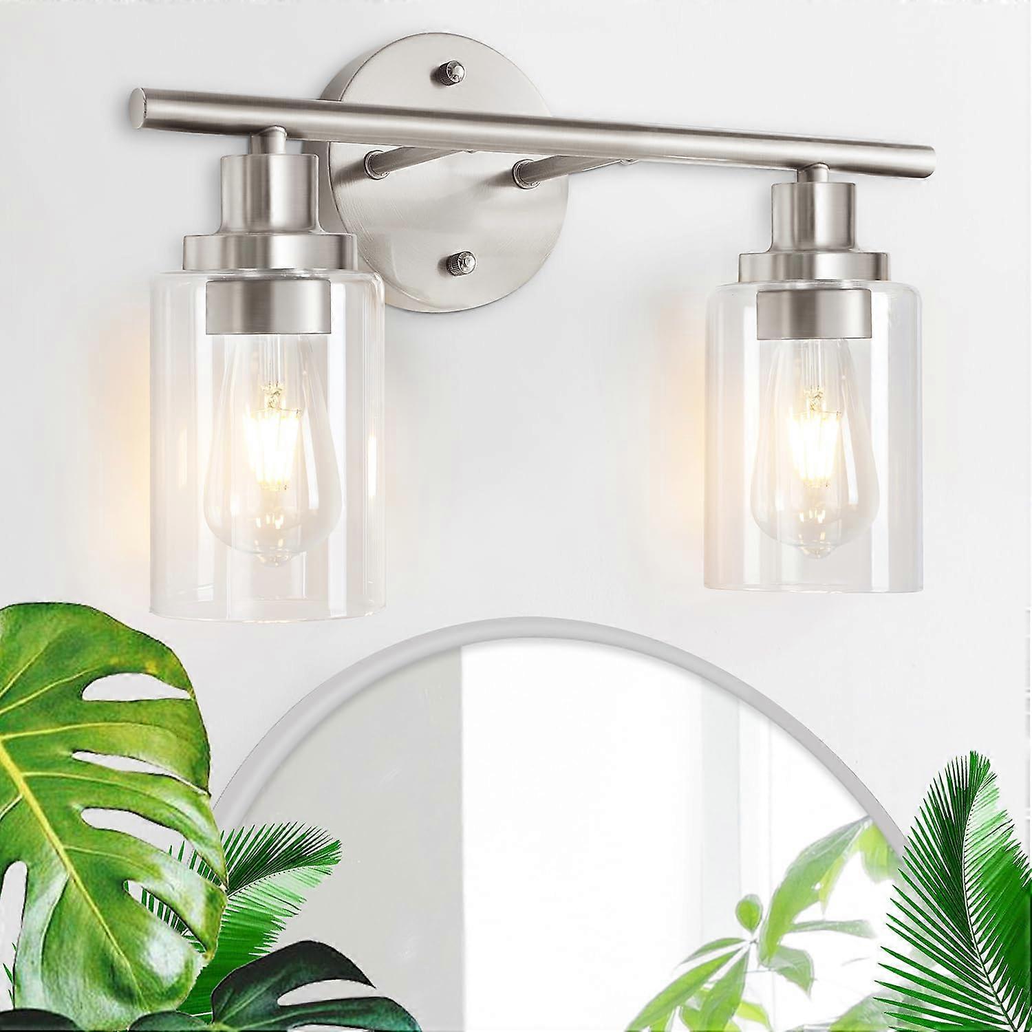 2-Light Wall Sconce Light Fixtures Brushed Nickel with Clear Glass Shade Modern Vanity Lighting for Bathroom Mirror