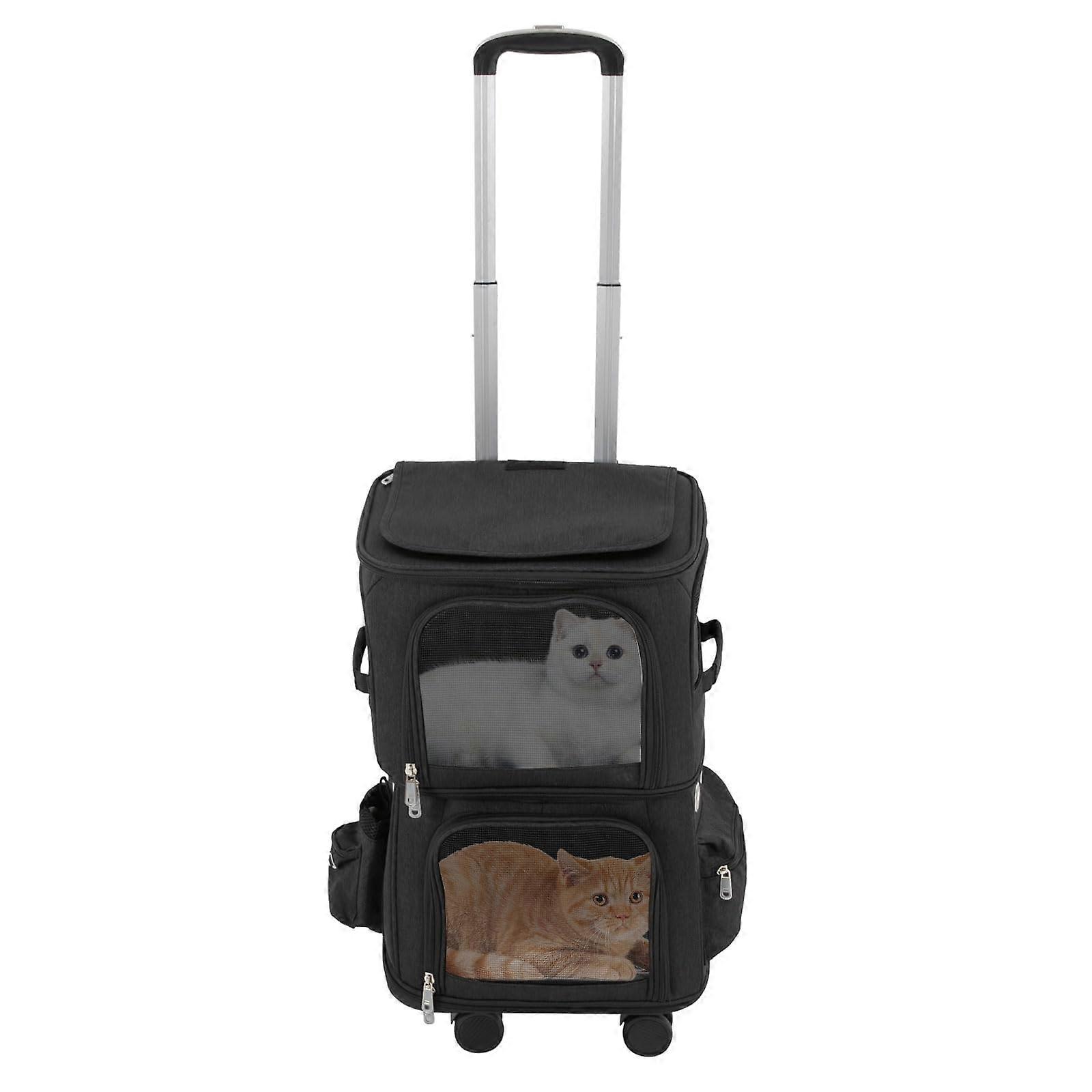 Double-Compartment Pet Rolling Carrier With Wheels, Two-Pet Trolley Bag, Rolling Cat Travel Carrier For Hiking, Black