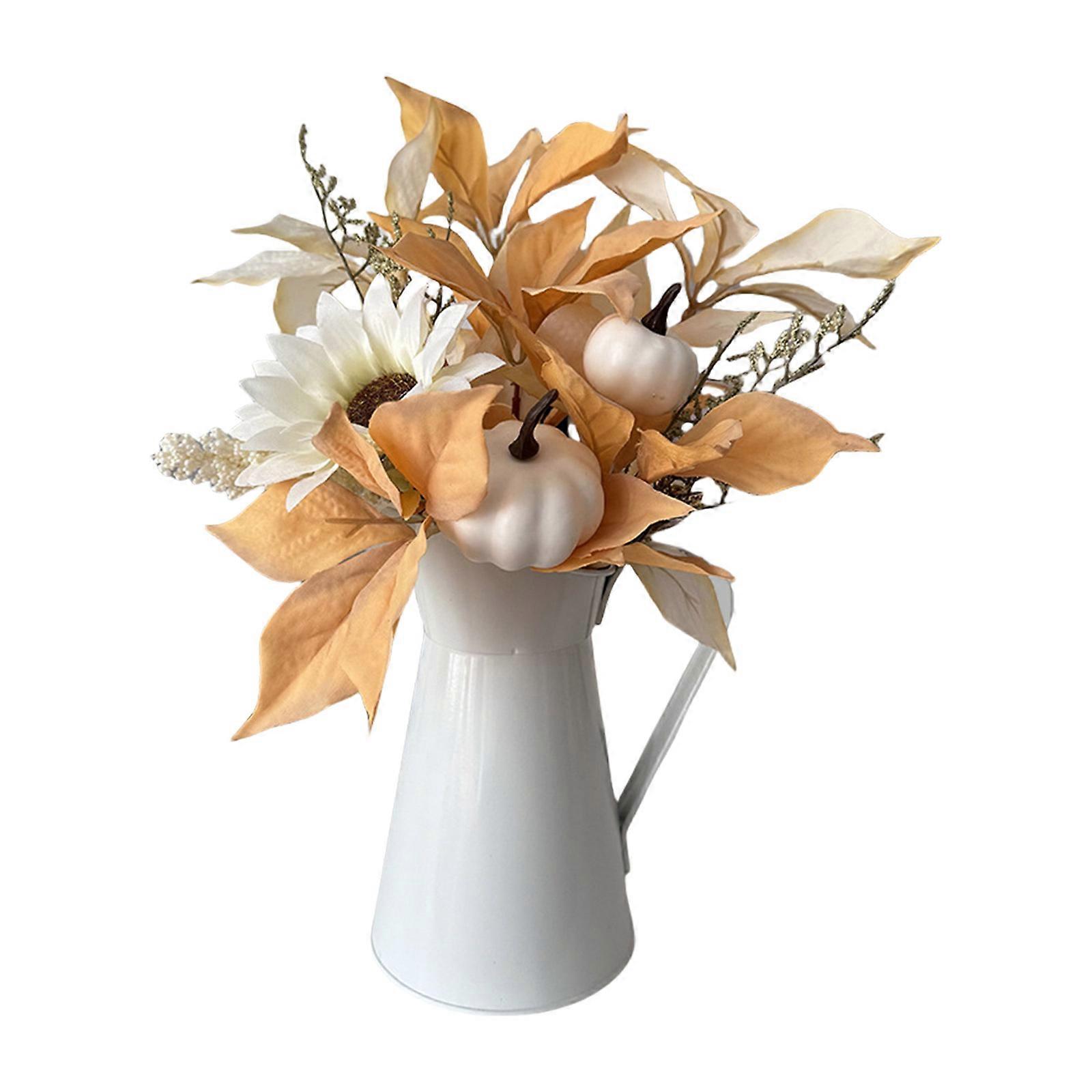 Artificial Flower Bouquets Artificial Leaf Simulation Pumpkin Branch in Metal Vase for Thanksgiving Halloween Decoration