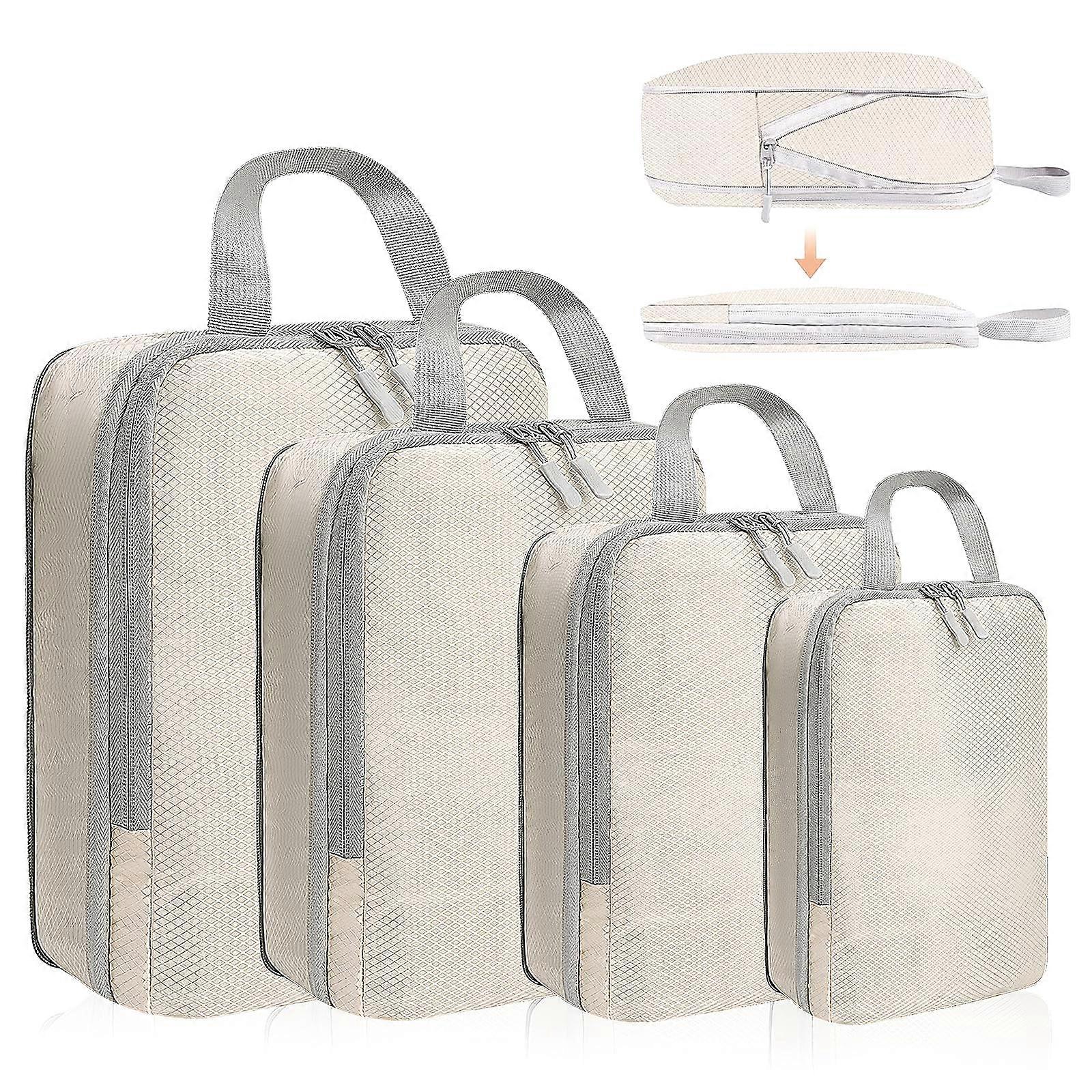 4 Set Compression Packing Cubes for Suitcase SpaceSaving Luggage Organizer Bags, Travel Essentials for Efficient Packing (Beige)