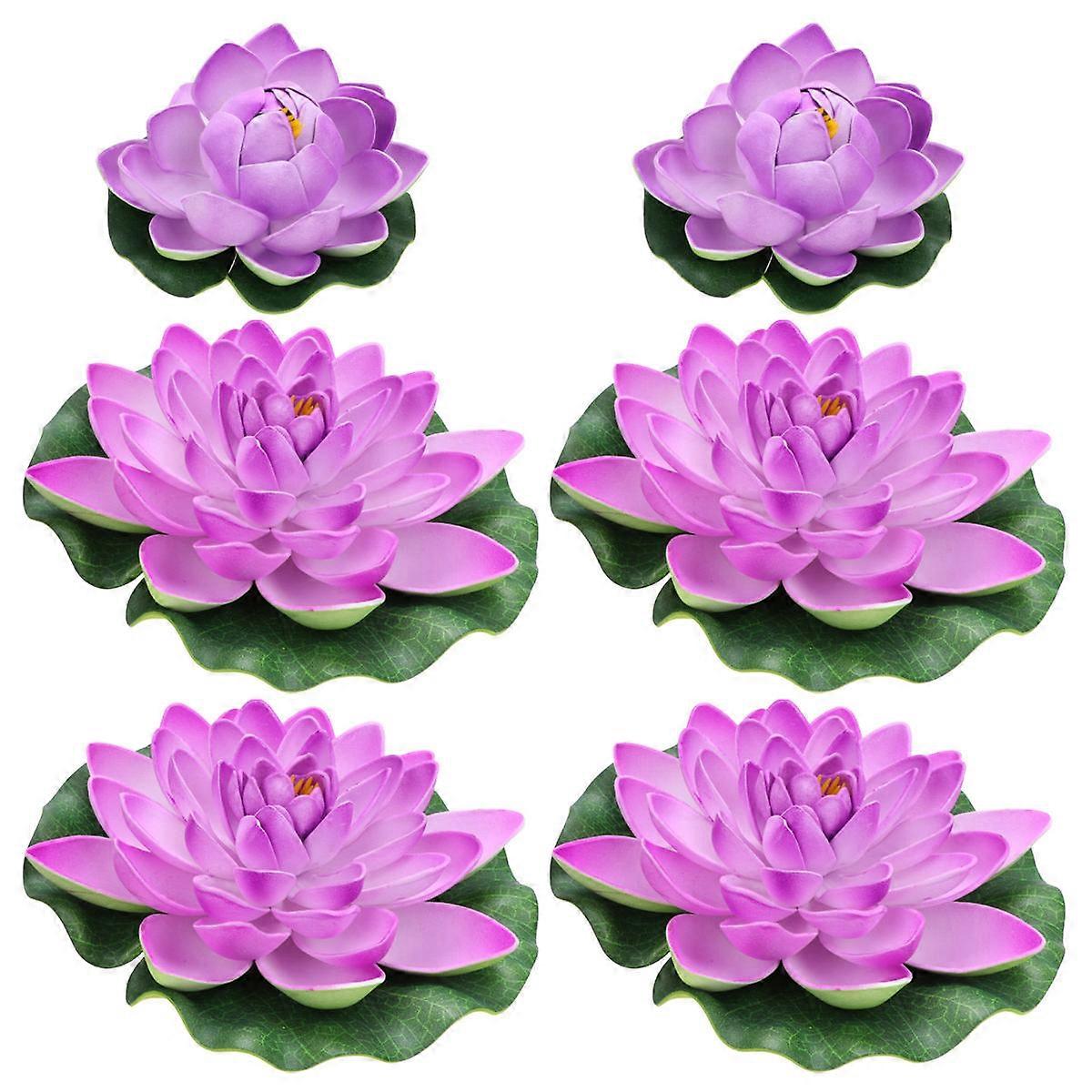 6pcs Artificial Lifelike Lotus Lilies Large Medium Violet Decor Floating Plants for Indoor Outdoor Plastic Water Lily Ornaments