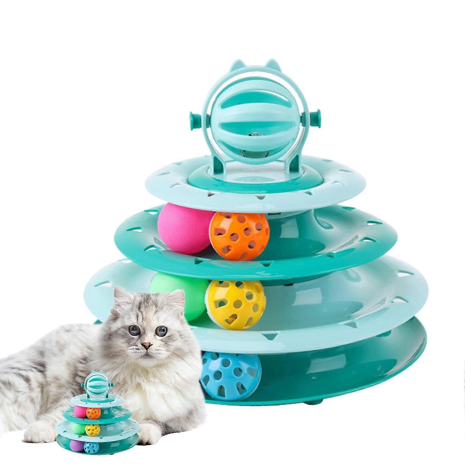 Cat Toy Roller Ball Tower, FourLayer Turntable Cat Interactive Toy for Mental and Physical Exercise (Green)
