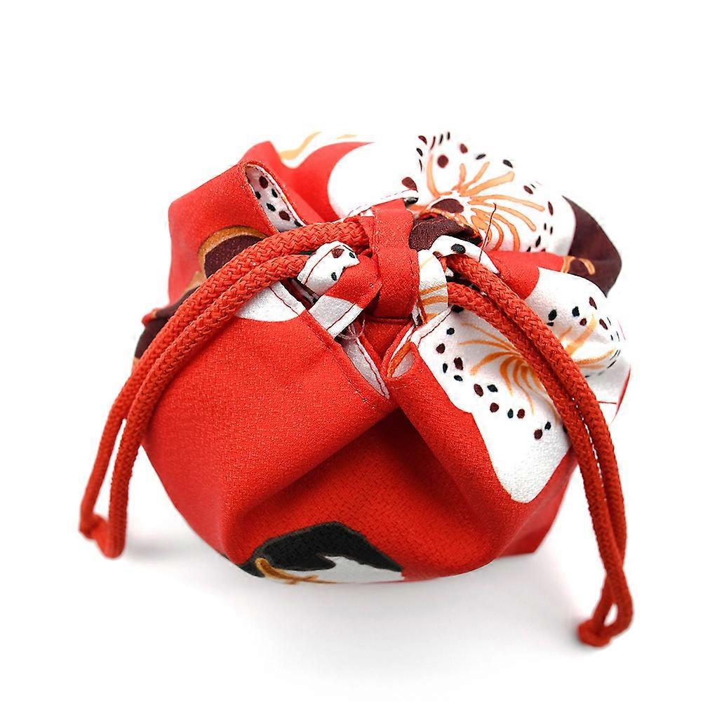 Portable Drawstring Pouch Square Shape Fabric Material Red with Blossom Travel Bag Storage 1Pack