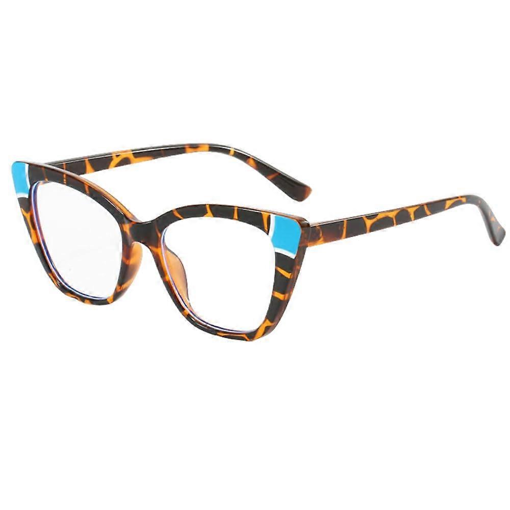 Cat Eye Flat Mirror Color Block Retro Eyeglass Frame  Eyeglass Frame, Blue Leopard