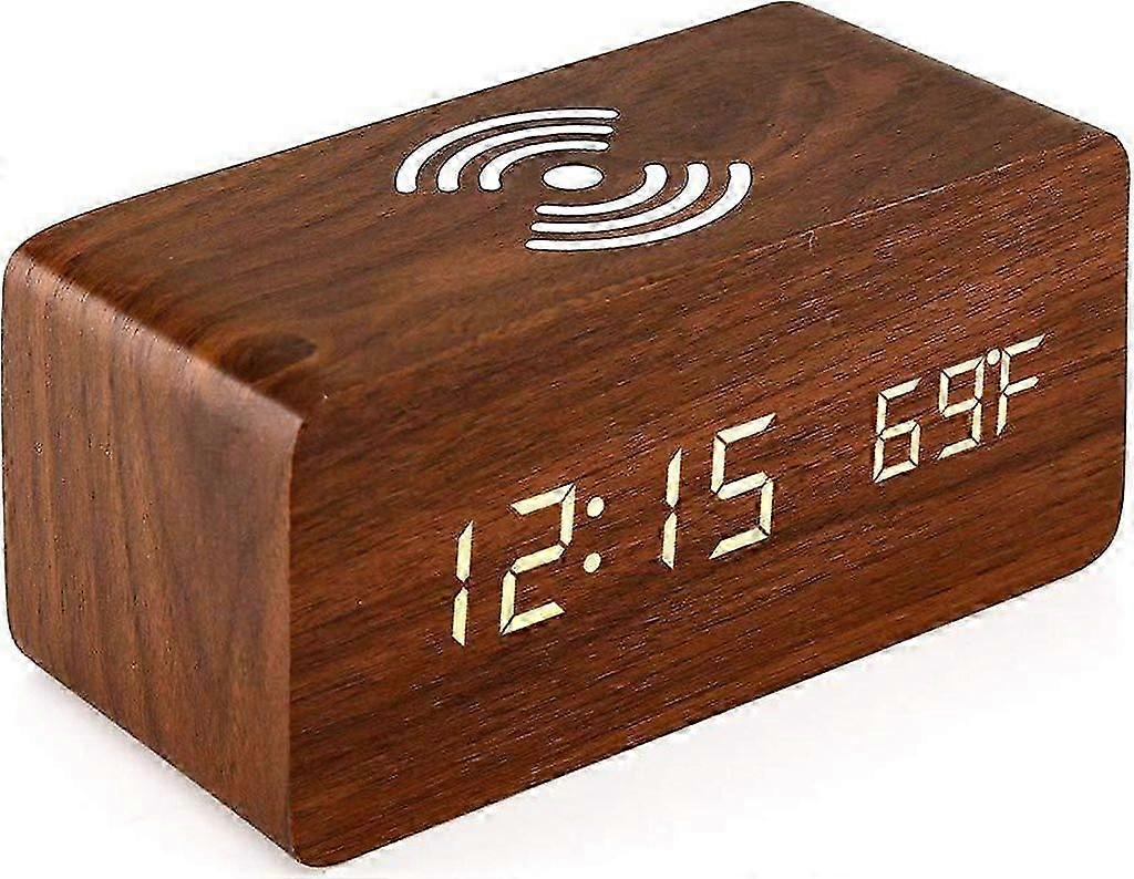 Digital Wooden Alarm Clock With Wireless Charger Voice Control Snooze Function LED Display Brown Bedside Clock
