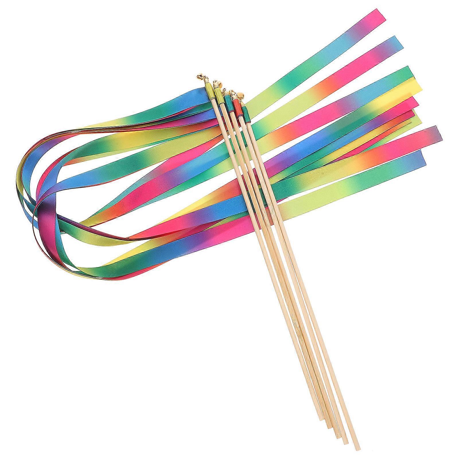 Ribbon Streamers Sticks Fairy Wands Wedding Party Streamers Bells Multi-Colored Photogenic 5Pack