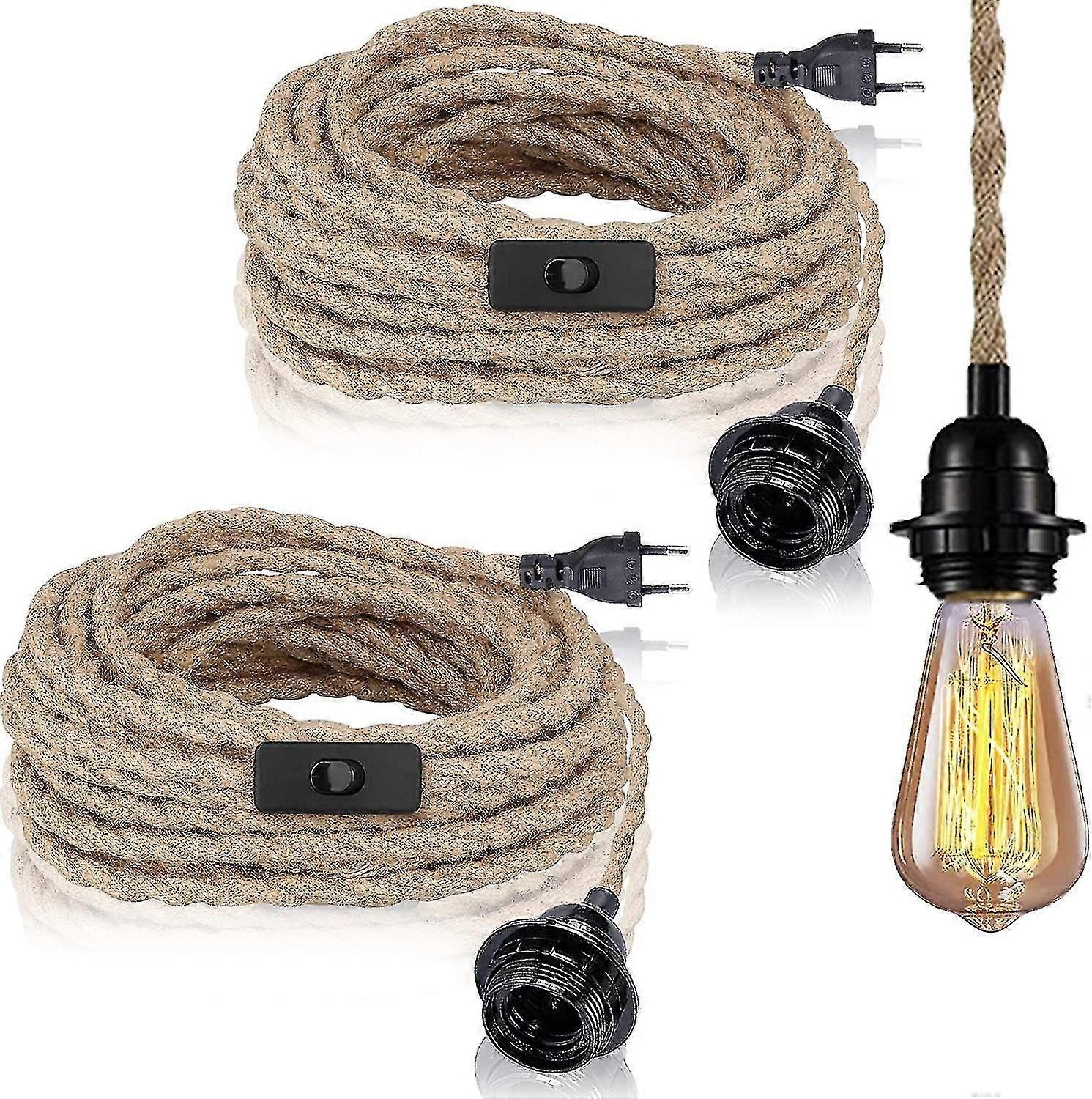 2 Pack Pendant Lights With Switch, Hemp Rope With 4.5m Cable, E27 Socket compatible Hall, Kitchen, Dining Table, Bar (without Bulb)-K