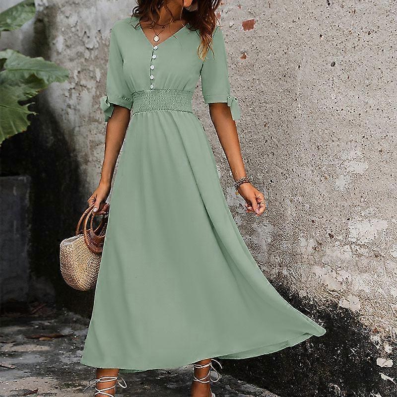 Women's New Summer High Waist Range Tie Button V-Neck Solid Colour Dresses