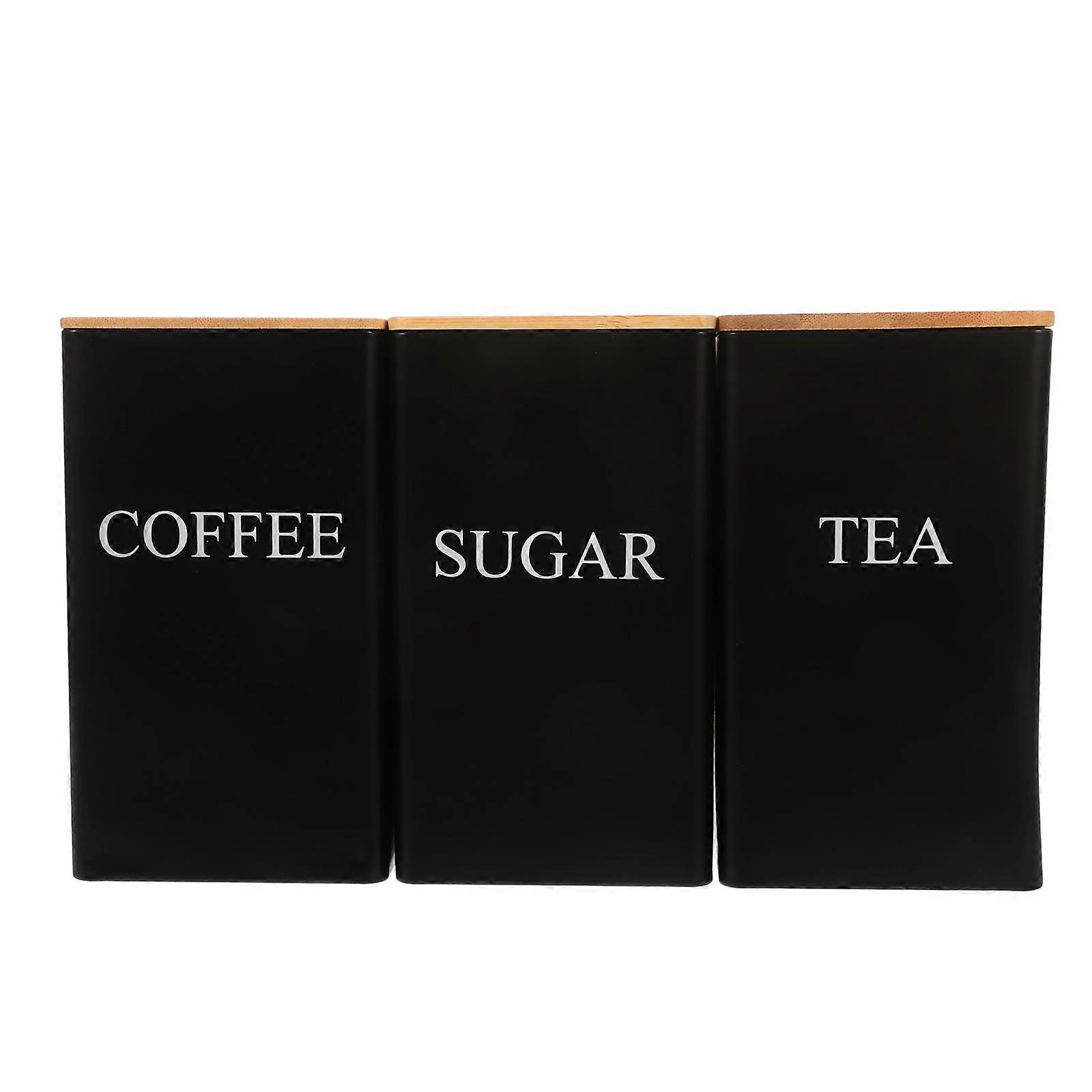 Airtight Tea Container with Lid for Home Use Black Iron and Bamboo Storage Jar 3Pcs 4.5 Inches