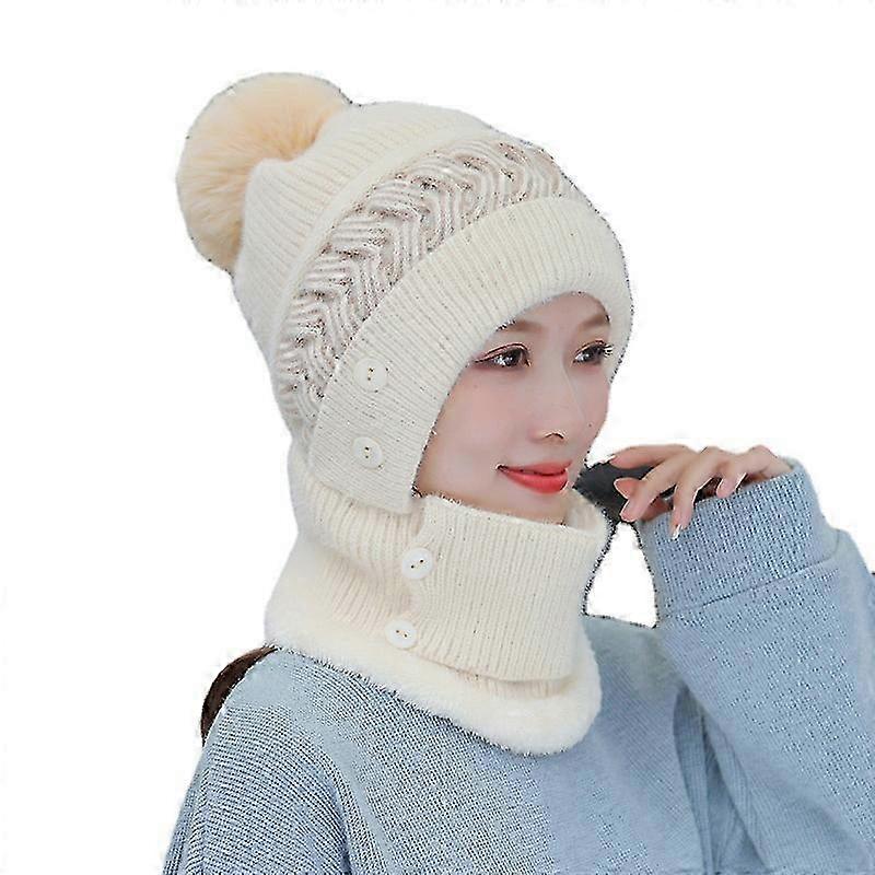 Winter warm knitted hat neck gaiter elastic knitted beanie with fur ball soft and thickened