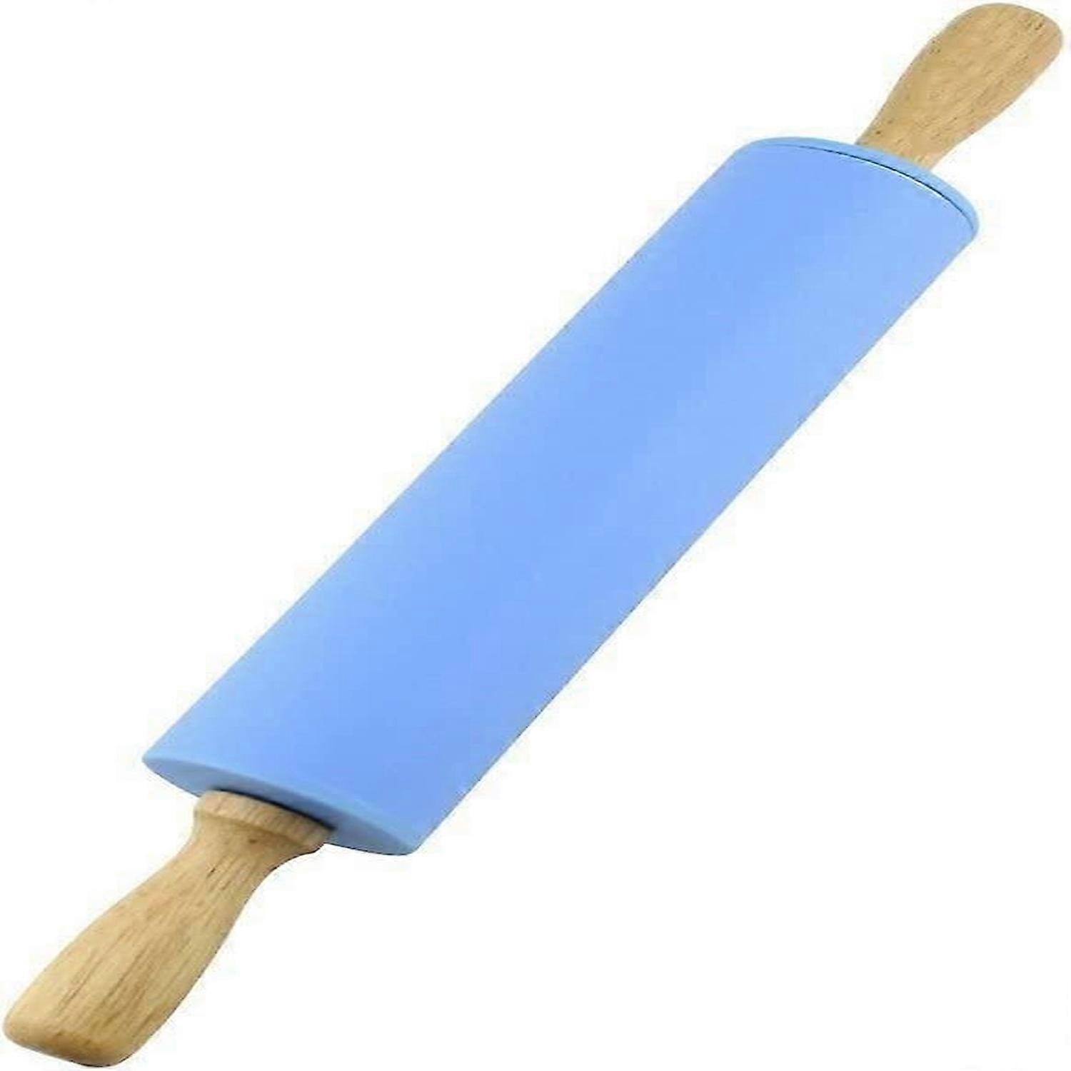 Silicone Rolling Pin Non Stick Surface Wooden Handle 1.97X15.15 (Blue)