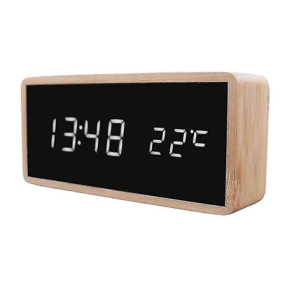 Digital Alarm Clock With Wood Design - White