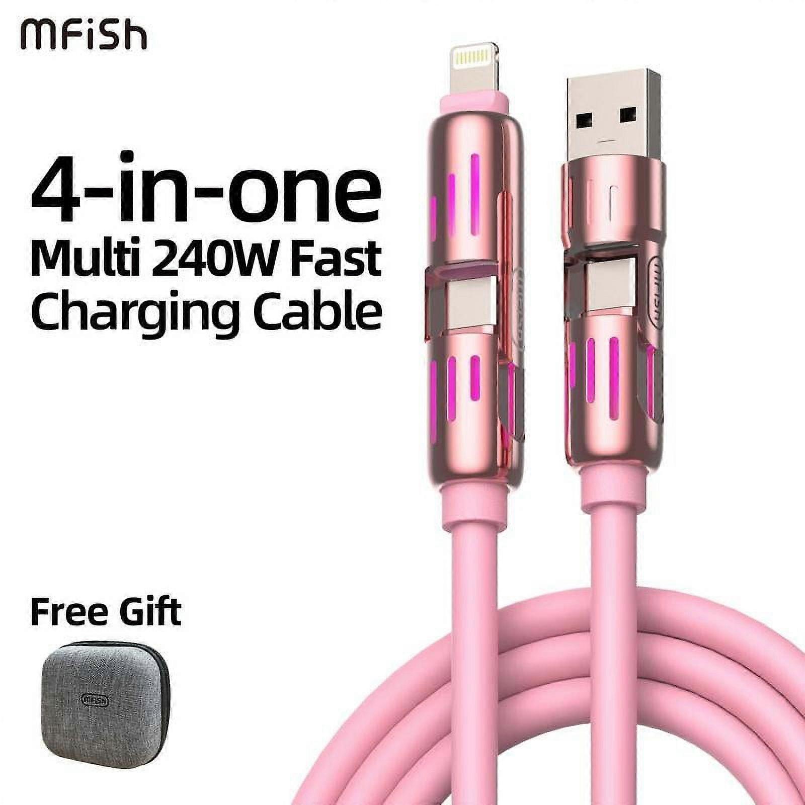 MFish 4-in-1 USB Charging Cable (A, Type C, Lightning) - Up to 240W Fast Charge & Sync for iPhone 16/15, iPad Pro, Samsung & Laptops